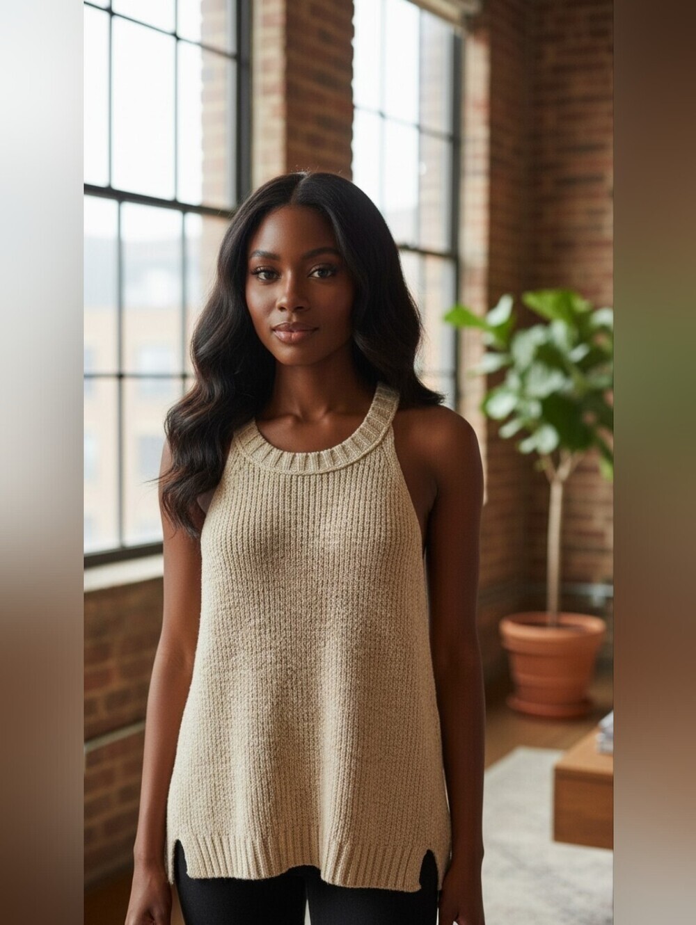 Point Sur J.Crew Beige Knit Halter Tank Top Racerback Cotton Blend Size M